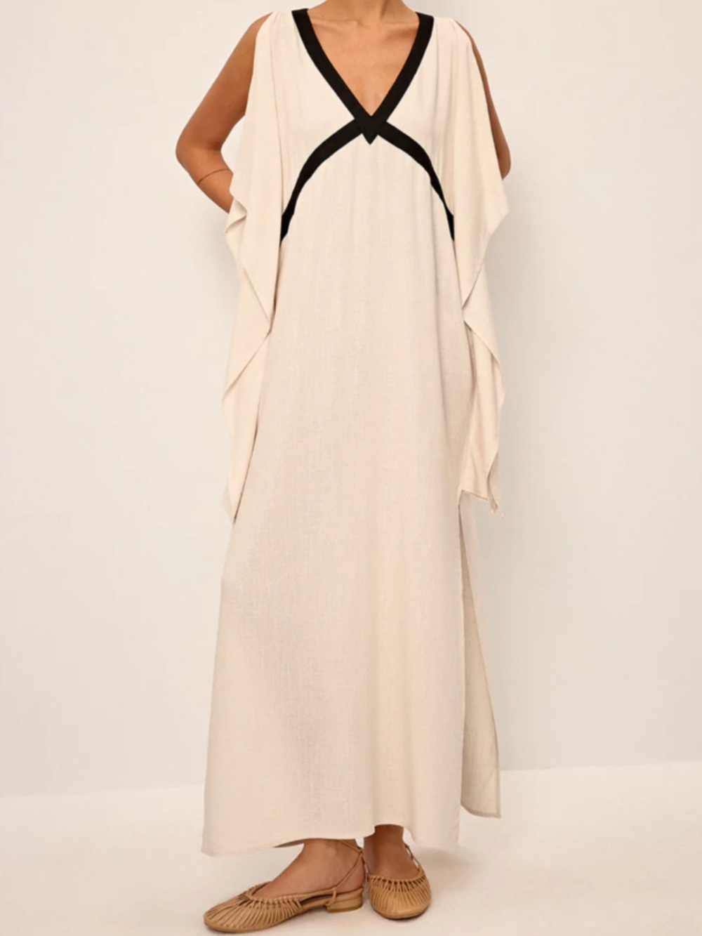 NWT Contrast Trim Maxi Kaftan Dress | Cream & Black | Resort Vacation Dress - Picture 2 of 6